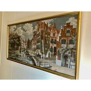 Large Flemish Framed Woven Tapestry Belgian Canal
